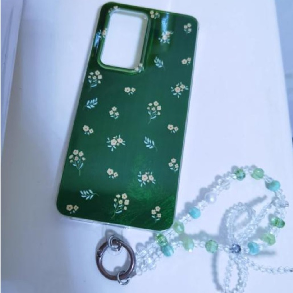 Floral Green Phone Case with Beaded Strap